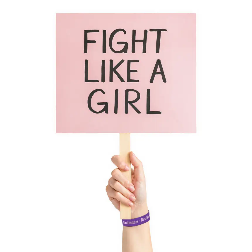 mano de mujer con pulsera personalizada sujetando un cartel fight like a girl