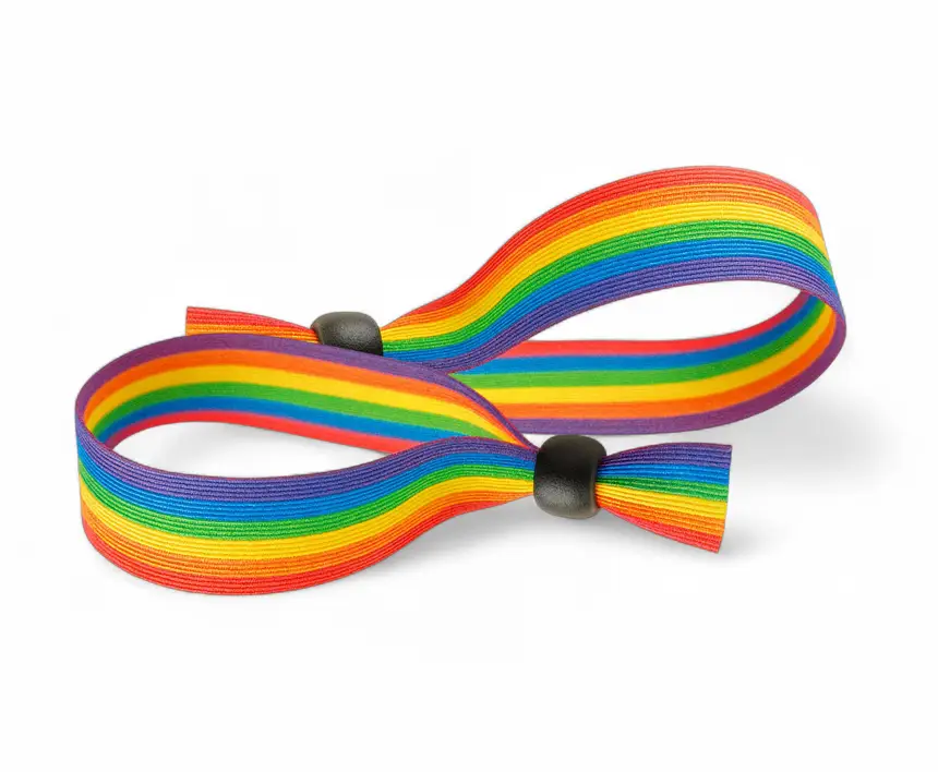 dos pulseras de tela con los colores del arcoiris y un cierre de plástico negro