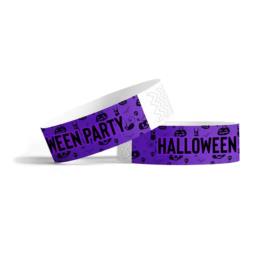 dos pulseras tyvek personalizadas con temática de Halloween de color morado