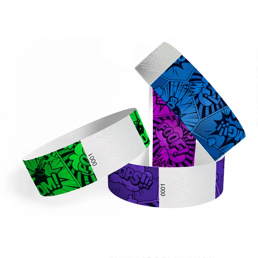pulseras de papel tyvek de colores personalizadas con estética de cómics